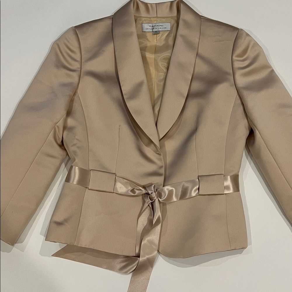 Tahari ASL Champagne Satin Waist Tie with Lace Straight Skirt Suit size small - Picture 3 of 7